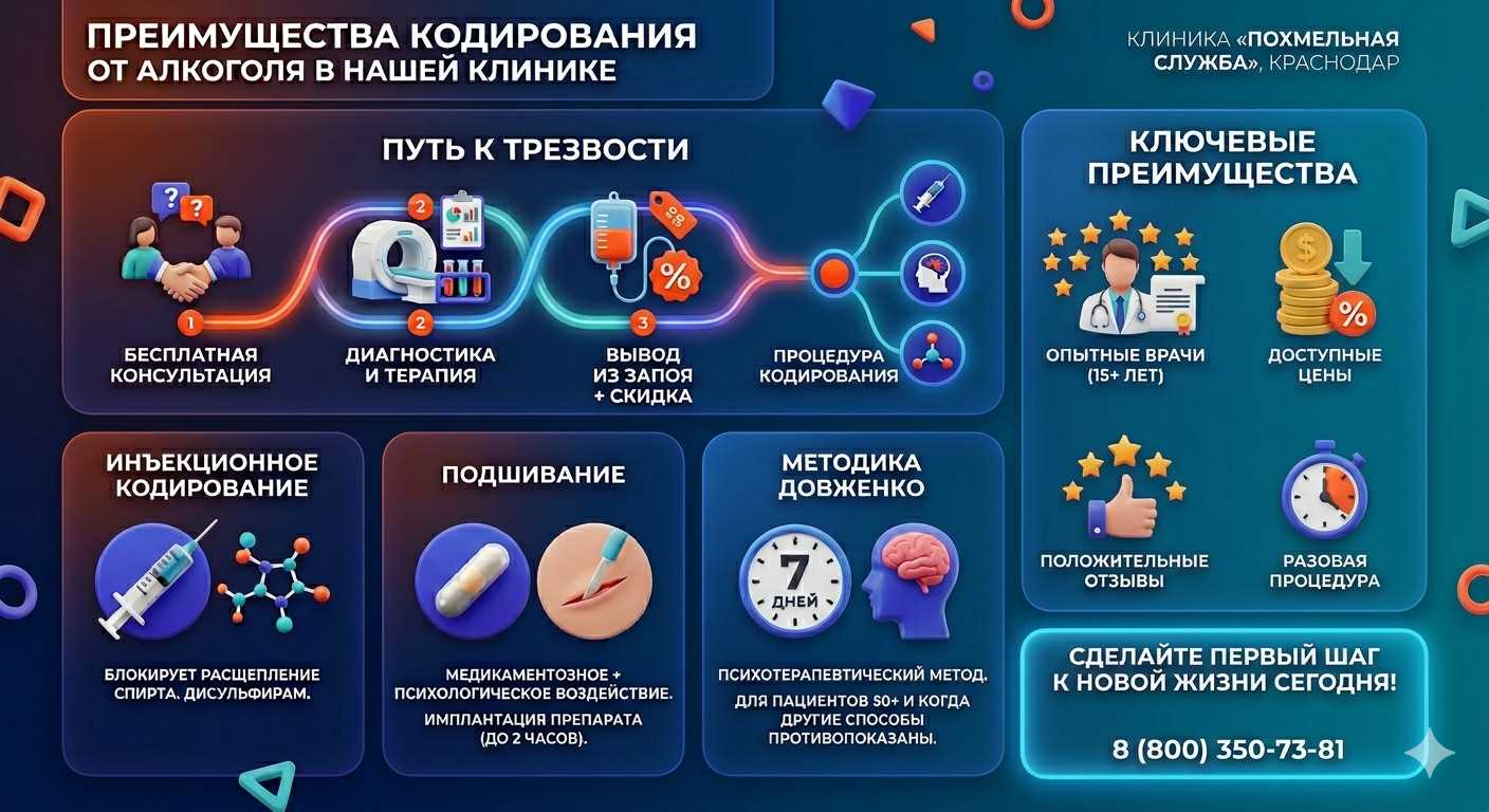 Инфографика о методах кодирования от алкоголя в Астрахани: инъекции, подшивание, метод Довженко. Преимущества клиники и этапы лечения.